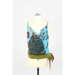HALE BOB Blue Silk Burnout Velvet Beaded Peacock Cowl Neck Tank Top, Size M